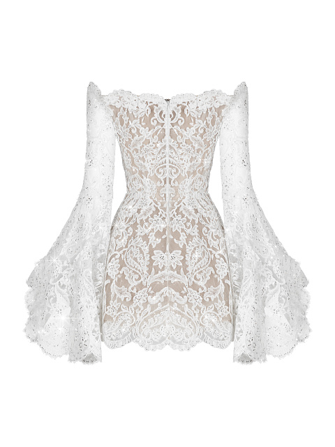 White Lace & Swarovski Crystals Flared Sleeve Mini Dress, 2
