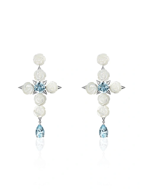 White Gold, Rose-cut Mother-of-Pearl & Topaz Earrings, 1