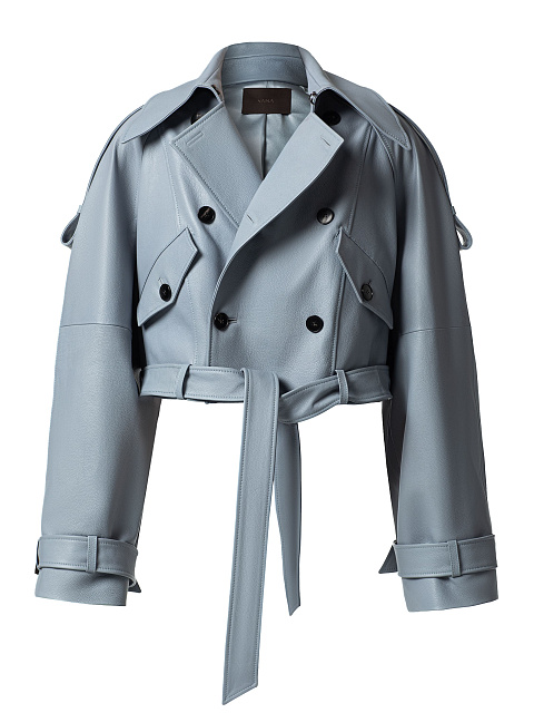 Тренч укороченный из серо-голубой кожи, объемные плечи, двубортный, 1