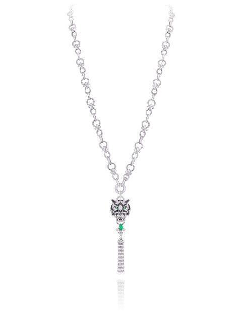Necklace with a pendant in white gold with emeralds and diamonds, 1