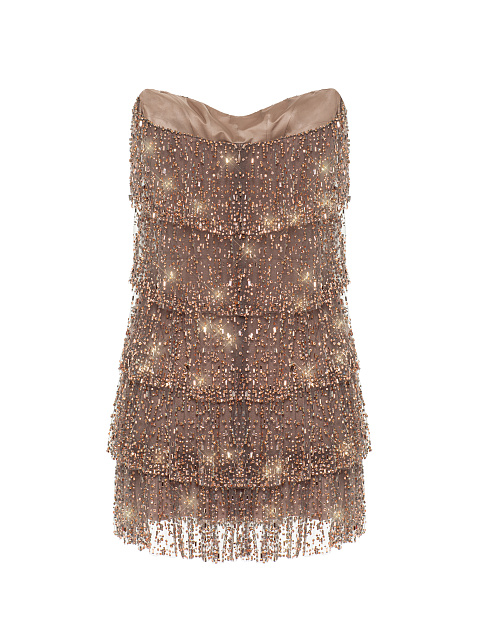 Beige Ruffles & Rhinestones Mini Dress, 2 Beige Ruffles & Rhinestones Mini Dress, 2