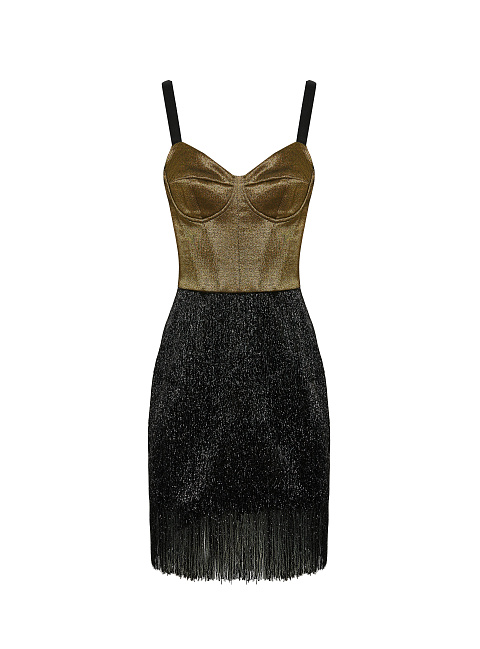 Black & Gold Fringe Trimmed Skirt Mini Dress, 1 Black & Gold Fringe Trimmed Skirt Mini Dress, 1