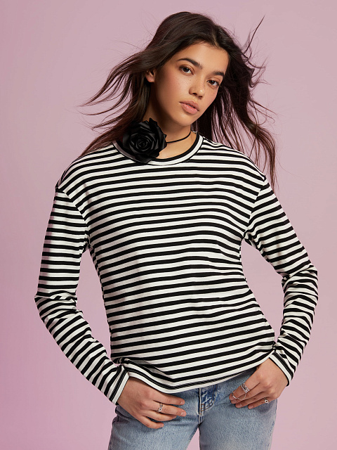 Black and white cotton striped top with light blue print, 4 Black and white cotton striped top with light blue print, 4