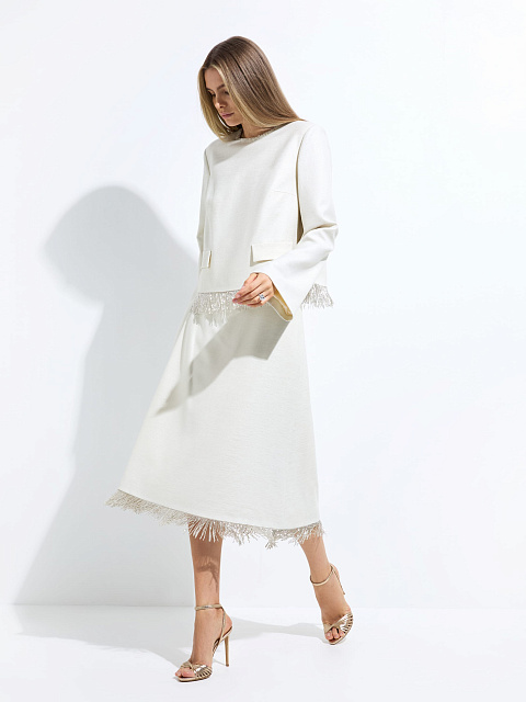 Milk-colored suit with jacket and midi skirt with beaded fringe, 2 Milk-colored suit with jacket and midi skirt with beaded fringe, 2