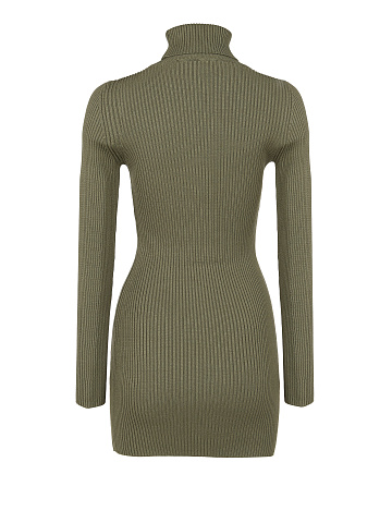 Khaki Green Rib Knit Turtleneck Mini Dress, 2