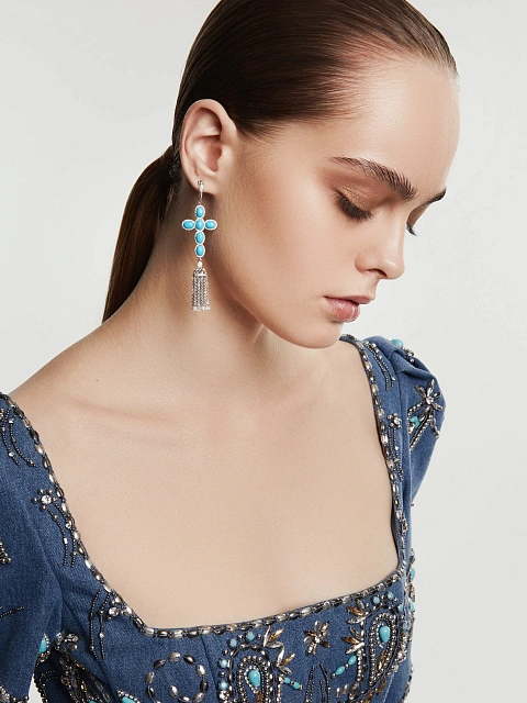 White Gold & Turquoise Cross Tassel Earrings, 3