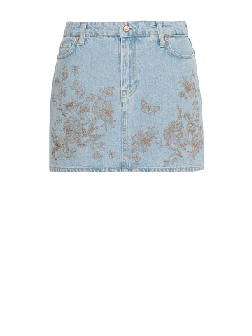 Light blue denim mini skirt with brown embroidery, 1