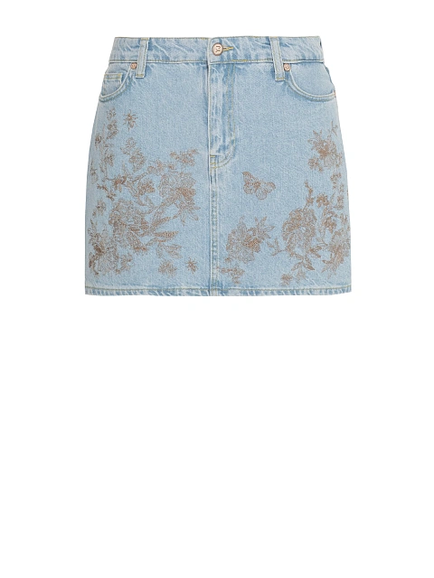 Light blue denim mini skirt with brown embroidery, 1
