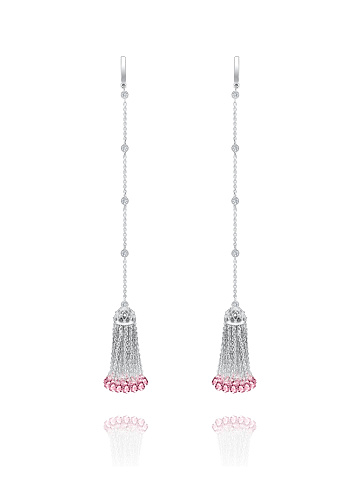 Briolette Rose Quartz & Round Topaz & White Gold Tassel Earrings , 1