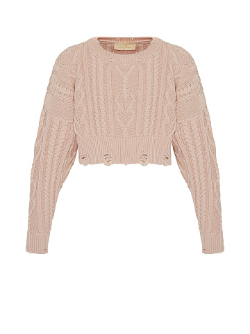Light Pink Cotton Cropped Cable Knit Sweater, 1