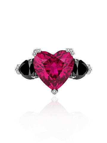 Heart Tourmaline Rubellite & 2 Heart Black Diamond & White Gold Ring, 2