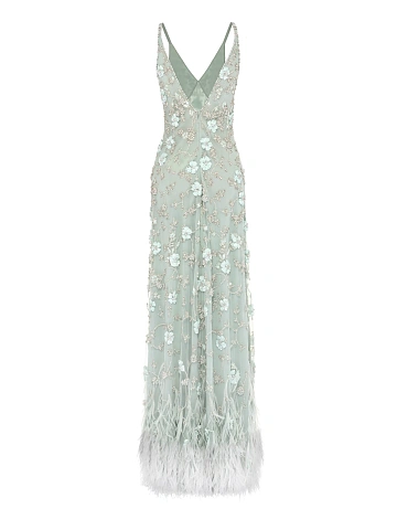 Green Embroidery & Feather Chiffon Maxi Dress, 2