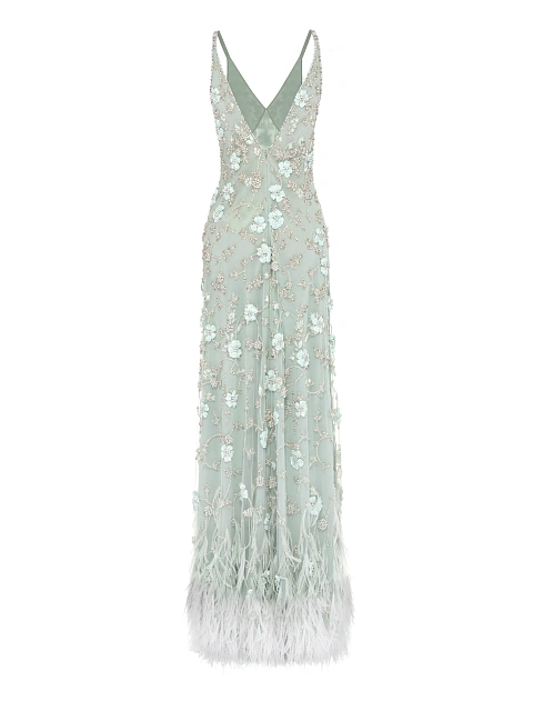 Green Embroidery & Feather Chiffon Maxi Dress, 2 Green Embroidery & Feather Chiffon Maxi Dress, 2