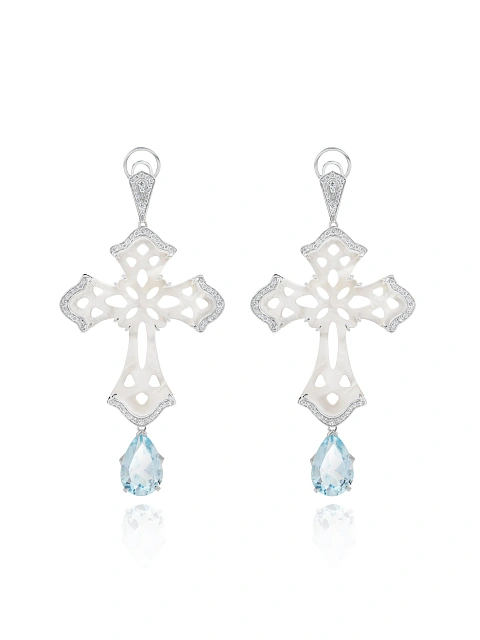 Mother of Pearl, Topaz Sky Pear & White Gold Earrings, 1