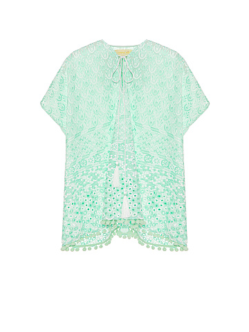 Kid's Green Pompon Trim Cotton Tunic Dress, 1