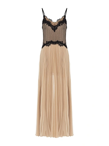 Beige Lace & Plisse Chiffon Midi Dress, 1