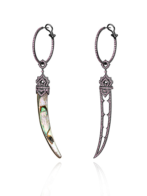 Black Gold, Mother-of-pearl & Pink Sapphires Earrings, 1