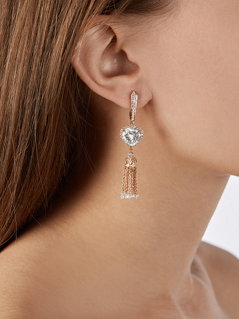 Heart Rock Crystal, Briolette Rock Crystal, Round Topaz White & Rose Gold Tassel Earrings, 2