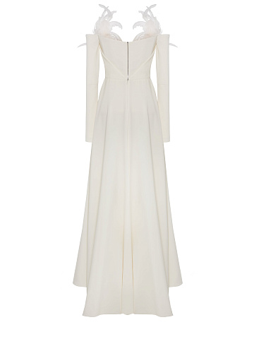 White suit with feather-trimmed blazer and trousers, 2