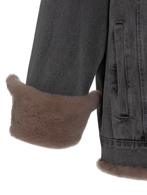 Grey Denim & Brown Shearling Oversized Jacket, 7