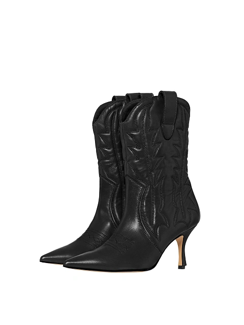 Black Leather High Heel Cowboy Boots, 1