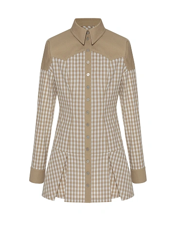 Beige Checked Linen And Denim Dress, 1