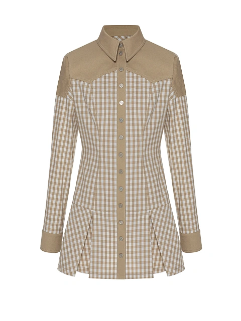 Beige Checked Linen And Denim Dress, 1 Beige Checked Linen And Denim Dress, 1