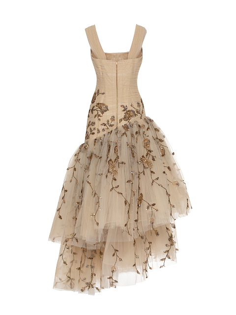 Beige Asymmetric Embroidered Mesh Maxi Dress, 3 Beige Asymmetric Embroidered Mesh Maxi Dress, 3