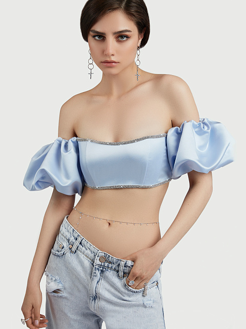 Light Blue Rhinestones Trimmed Satin Top, 8 Light Blue Rhinestones Trimmed Satin Top, 8