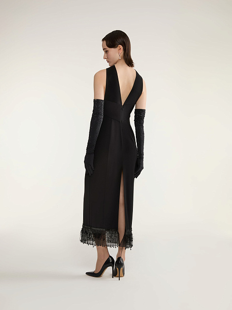 Black Off Shoulder Midi Dress with Fringe, 6