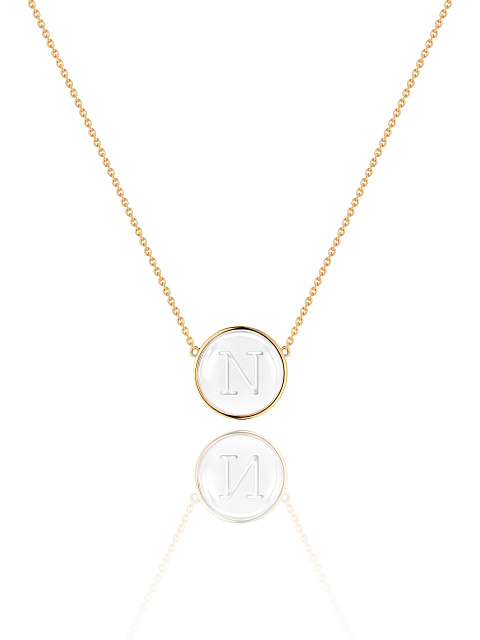 Yellow gold necklace with letter N pendant with rock crystal, 1