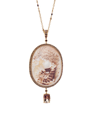 Cameo on shell, Tourmaline, Round Diamond, Pearl & Rose Gold Necklace , 1