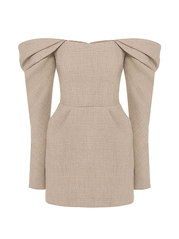 Beige Off Shoulder Linen Mini Dress, 1