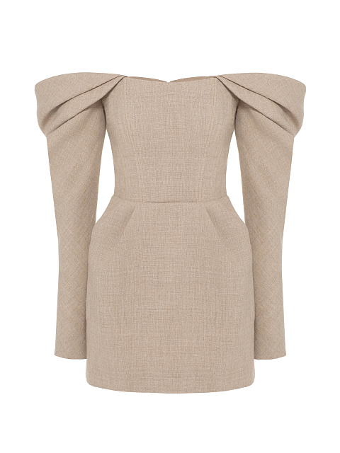 Beige Off Shoulder Linen Mini Dress, 1