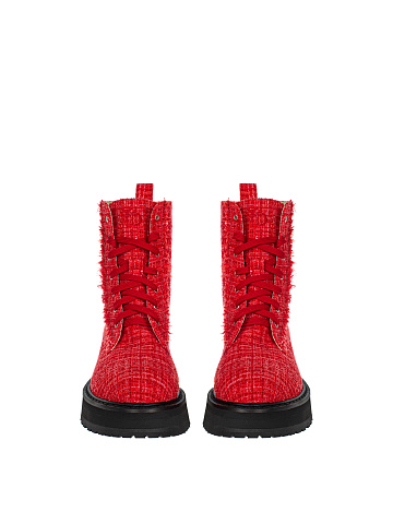 Red Tweed & Leather Lace Up Boots, 2