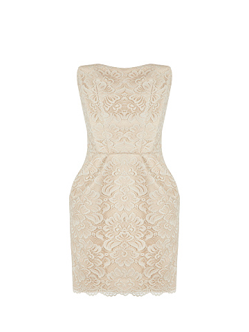 Beige Lace-Paneled Mini Dress, 1
