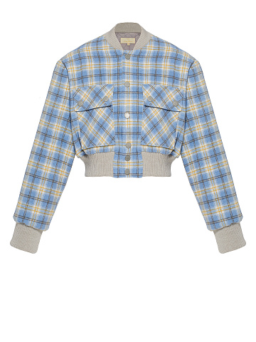 Light Blue Plaid Cropped Bomber Jacket, 1