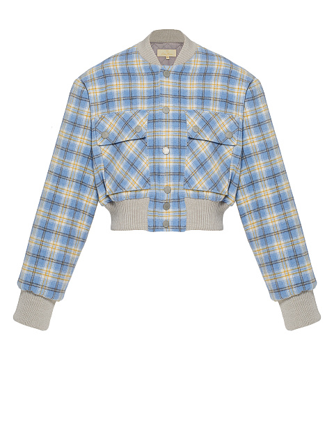 Light Blue Plaid Cropped Bomber Jacket, 1 Light Blue Plaid Cropped Bomber Jacket, 1