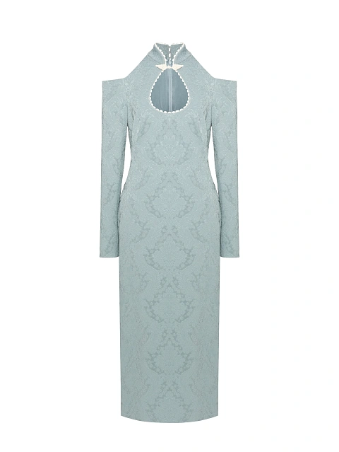 Grey Floral Pattern Jacquard Midi Dress, 1 Grey Floral Pattern Jacquard Midi Dress, 1