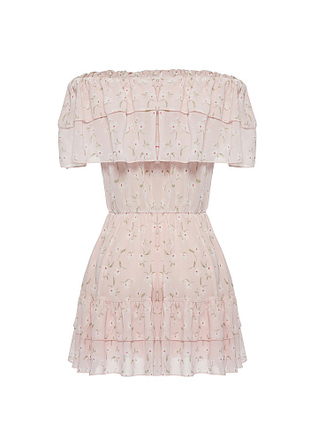 Light Pink Flower Printed Off Shoulder Mini Dress, 2