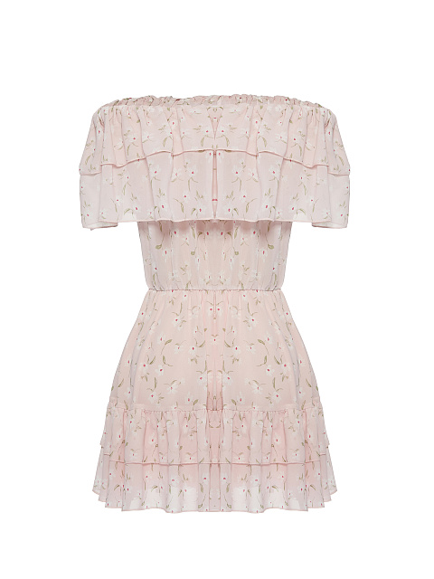 Light Pink Flower Printed Off Shoulder Mini Dress, 2 Light Pink Flower Printed Off Shoulder Mini Dress, 2