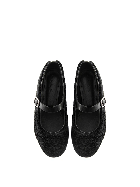 Black Shearling Mary Jane Ballet Flats, 4