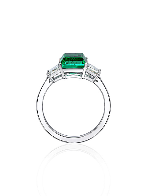 Emerald Baguette, Diamond Trapezoid & White Gold Ring, 6