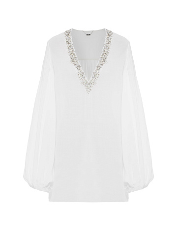 White Textured Cotton Blouse With Embroidery, 1