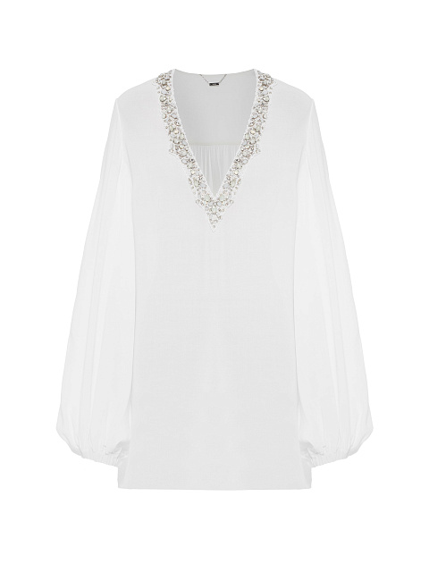 White Textured Cotton Blouse With Embroidery, 1