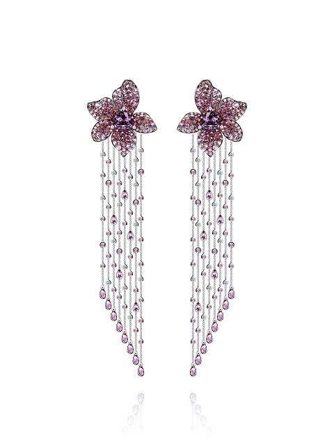 Spinel, Briolette Spinel, Grey Round Diamond & Palladium Earrings, 1