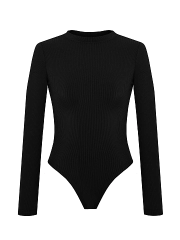 Black Ribbed Cotton L/S Round Neck Bodysuit, 1