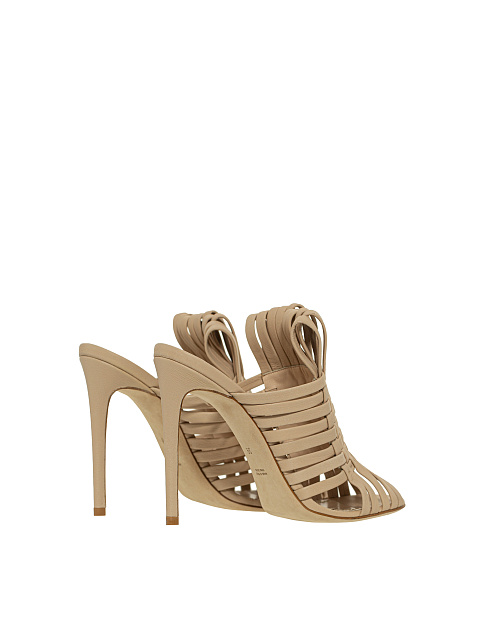 Beige Woven Leather Heeled Mules, 3