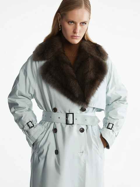 Barguzin Sable Lined Light Blue Trench Coat, 2