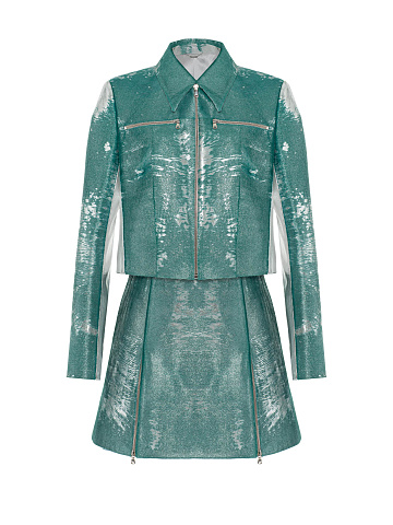 Turquoise leather set with cropped jacket and mini skirt, 1